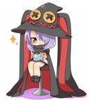  cape chibi hair_over_one_eye hat houkago_no_pleiades inuue_kiyu long_hair nanako_(houkago_no_pleiades) pleiadean purple_eyes purple_hair stool witch_hat 