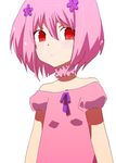  bare_shoulder bare_shoulders blush child female flower frown gijinka hair_ornament moemon munna personification pink_hair pokemon pokemon_(game) pokemon_black_and_white pokemon_bw red_eyes short_hair simple_background solo white_background 