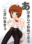  akitsuki_itsuki animal_ears black_legwear brown_eyes brown_hair bunny_ears bunnysuit hagiwara_yukiho idolmaster idolmaster_(classic) short_hair solo thighhighs wavy_mouth 