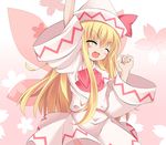  absurdres arm_up blonde_hair bluntspoony cheering cherry_blossoms closed_eyes dress hat highres lily_white long_hair open_mouth solo touhou wings 