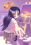  art_brush bird black_hair blonde_hair blue_eyes brush coat easel foreshortening hair_ornament hairclip hands long_hair mouth_hold oekaki_musume one_eye_closed outstretched_arm outstretched_hand paint paint_tube paintbrush palette reaching sitting sky sleeves_rolled_up slippers socks solo soraneko+ sunset water 