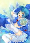  absurdres adapted_costume bloomers blue_eyes blue_hair bow cirno frog gloves hair_bow highres ice leg_warmers magical_girl md5_mismatch redcomet salute short_hair solo thighhighs touhou underwear wand white_legwear wings 
