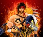  bandages beard black_hair blonde_hair brown_eyes closed_eyes dissidia_final_fantasy facial_hair father_and_son final_fantasy final_fantasy_x gloves jecht multiple_boys scar shirtless tidus tukineko-c 