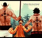  angry back bad_id bad_pixiv_id copyright_name edward_newgate male_focus marineford monkey_d_luffy multiple_boys muscle one_piece portgas_d_ace ship shirtless tattoo tsuyomaru watercraft whitebeard_pirates 