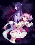  akemi_homura blood expressionless foreshortening hand_on_own_chest highres kaname_madoka kyubey long_hair mahou_shoujo_madoka_magica mckeee multiple_girls outstretched_arm outstretched_hand pink_eyes profile purple_eyes purple_hair short_hair twintails 