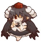  ;q barefoot black_hair chibi finger_frame full_body gurageida hat highres looking_at_viewer one_eye_closed pointy_ears red_eyes shameimaru_aya simple_background smile solo tokin_hat tongue tongue_out touhou wings 
