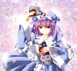  blue_dress cherry_blossoms danmaku dress fan folding_fan ghost hat petals pink_hair red_eyes saigyouji_yuyuko short_hair smile solo taiga_(natsu_hotaru) touhou 