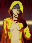  bakemonogatari black_hair blood blood_on_face breasts covering glowing glowing_eye head_tilt heterochromia hood kanbaru_suruga medium_breasts monogatari_(series) navel nude_cover possessed rain raincoat rainy_devil red_eyes short_hair solo toki_(tokihakashi) underboob yellow_eyes 