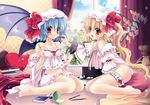  applying_makeup bare_shoulders barefoot bat_wings blonde_hair bloomers blue_hair blush book flandre_scarlet hand_mirror hat heart kneeling leg_garter lips lipstick_tube long_hair makeup mascara mascara_wand mirror multiple_girls no_panties off_shoulder pillow ponytail red_eyes remilia_scarlet sakurano_tsuyu siblings side_ponytail sisters stuffed_animal stuffed_toy teddy_bear touhou underwear very_long_hair window wings 