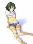  arm_support bad_id bad_pixiv_id breasts brown_eyes glasses green_hair hitori_(htr_t) looking_at_viewer mouth_hold navel nipples no_bra original shirt shirt_lift short_hair short_shorts shorts simple_background small_breasts solo t-shirt 