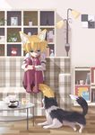  :&gt; animal_ears bad_id bad_pixiv_id blonde_hair blue_eyes coffee couch cup eiffel_tower feet fox_ears fox_tail highres leg_hug light_smile mofu mug original pantyhose photo_(object) pink_legwear sitting solo stuffed_animal stuffed_toy tail teddy_bear 