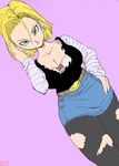  1girl adjusting_hair android android_18 belt blonde_hair blue_eyes bra breasts cleavage dragon_ball dragonball_z earrings hand_on_hip jewelry large_breasts legs looking_at_viewer pantyhose pink_background short_hair simple_background skirt smile solo standing thighs torn_clothes underwear white_bra 