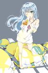  :o ahoge antenna_hair bare_legs bare_shoulders barefoot blue_eyes blue_hair blush bottomless bow denpa_onna_to_seishun_otoko eating food holding_pizza long_hair no_pants off_shoulder one_eye_closed open_mouth pizza sleeves_pushed_up solo tot_(zhxto) touwa_erio ufo very_long_hair 