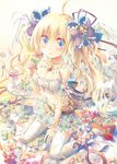  ankle_lace-up bad_id bad_pixiv_id blonde_hair blue_eyes breasts candy cleavage cross-laced_footwear floral_print flower food jewelry large_breasts long_hair midriff navel original print_legwear shoes sitting solo thighhighs twintails wariza white_legwear yamadori_yoshitomo 