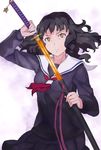  black_hair jack_hamster katana original school_uniform serafuku solo sword wavy_hair weapon yellow_eyes 