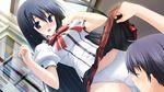  black_hair blue_eyes blush game_cg ikegami_akane panties saran_takamizawa seifuku skirt_lift underwear with_ribbon 