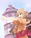 :d bad_id bad_pixiv_id banned_artist blonde_hair blue_sky blush brown_eyes building day flower hair_flower hair_ornament hanasaku_iroha hatsumic japanese_clothes jpeg_artifacts kissuisou_uniform matsumae_ohana nakai_(waitress) open_mouth outstretched_arms outstretched_hand petals short_hair sky smile solo wavy_hair wind 
