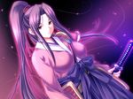  1girl atelier_kaguya ayame_neuendorf breasts dungeon_crusaderz dungeon_crusaderz_tales_of_demon_eater f_team_heartbeat_dungeon_crusade game_cg japanese_clothes katana kimono long_hair looking_at_viewer m&amp;m ponytail purple_eyes purple_hair serious simple_background solo standing sword weapon 