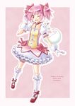  blush bobby_socks bow bubble_skirt copyright_name gloves hair_bow highres kaname_madoka kneehighs kyubey magical_girl mahou_shoujo_madoka_magica one_eye_closed open_mouth pink pink_background pink_eyes pink_hair puffy_sleeves satogo shoes short_hair short_twintails skirt smile socks twintails white_legwear 