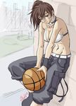 abs ball basketball breasts brown_eyes brown_hair cleavage copyright_request earrings jewelry medium_breasts pants ponytail solo yuro 