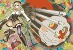  beret blonde_hair blush boots candle charlotte_(madoka_magica) detached_sleeves drill_hair fingerless_gloves gloves gun hat magical_girl mahou_shoujo_madoka_magica puffy_sleeves rifle smile tenjiku_nezumi thighhighs thorns tomoe_mami weapon witch's_labyrinth yellow_eyes 