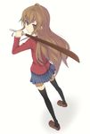  aisaka_taiga bad_id bad_pixiv_id bokken brown_eyes brown_hair from_above from_behind highres left-handed long_hair looking_back ojaga school_uniform simple_background solo sword thighhighs toradora! weapon white white_background wooden_sword 
