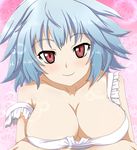  blue_hair blush breast_hold breasts cleavage downblouse face highres infinite_stratos large_breasts nitoro-star red_eyes sarashiki_tatenashi short_hair smile solo sparkle strap_slip 