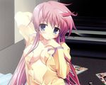  blue_eyes cleavage erect_nipples moritan open_shirt original pink_hair see_through 