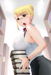  :o bare_shoulders blonde_hair book bra breast_rest breasts brown_eyes carried_breast_rest glasses large_breasts librarian library lingerie long_hair open_mouth original see-through solo ueyama_michirou underwear watch 