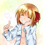  closed_eyes flat_chest grin heart highres looking_at_viewer navel open_clothes open_shirt rumia sachou shirt smile solo touhou upper_body 