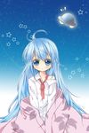  :o ahoge antenna_hair bad_id bad_pixiv_id bare_shoulders blue_eyes blue_hair blush bow denpa_onna_to_seishun_otoko futon long_hair off_shoulder pf sleepy solo star touwa_erio ufo very_long_hair 