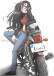  arm_support black_hair blue_eyes cigarette copyright_request emoticon glasses ground_vehicle helmet jacket long_hair motor_vehicle motorcycle motorcycle_helmet pants simple_background sitting smoking solo takebi 