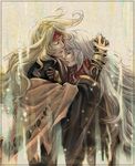  blonde_hair bodysuit chiseko1000yeah closed_eyes dhaos_(tales) duke_pantarei gloves headband hug long_hair magic male_focus multiple_boys red_eyes scarf tales_of_(series) tales_of_phantasia tales_of_vesperia very_long_hair white_hair 