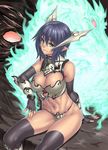  armor aura bikini_armor black_legwear blue_hair breasts cleavage fingerless_gloves flame_aura gloves green_eyes highres horns houtengeki large_breasts legs light_smile looking_at_viewer navel original pointy_ears short_hair sitting solo thighhighs thighs 