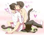  animal_ears blush brown_eyes brown_hair cat_ears cat_tail clothed_male_nude_male full_body highres kiss kyon male_focus multiple_boys nishisaki nude selfcest suzumiya_haruhi_no_yuuutsu sweat tail tears yaoi 