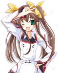  ;d arm_up brown_hair fang green_eyes hair_ribbon hand_on_hip highres huang_lingyin infinite_stratos kanzaki_sora long_hair one_eye_closed open_mouth petals ribbon school_uniform smile solo twintails upper_body v 