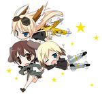  :o animal_ears blonde_hair blue_eyes brown_eyes brown_hair chibi erica_hartmann flying gertrud_barkhorn green_eyes hanna-justina_marseille igaiga long_hair multiple_girls one_eye_closed running short_hair simple_background star strike_witches tail twintails wavy_mouth world_witches_series yawning 