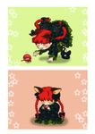  :3 absurdres animal_ears braid cat_ears cat_tail chasing chibi closed_eyes eating happy highres kaenbyou_rin kana_tako multiple_tails nekomata red_hair smile solo tail tears third_eye touhou twin_braids 