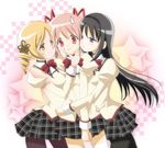  akemi_homura black_hair black_hairband black_legwear blonde_hair checkered checkered_background cheek-to-cheek drill_hair girl_sandwich hairband hand_on_another's_face hand_on_hip holding_hands hug kaname_madoka long_hair mahou_shoujo_madoka_magica mitakihara_school_uniform multiple_girls pantyhose pink_eyes pink_hair purple_eyes sandwiched school_uniform short_hair sinko star sweatdrop thighhighs tomoe_mami twintails white_legwear yellow_eyes yuri 