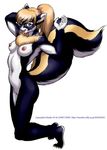  2000 amber_eyes blonde_hair breasts bushy_tail chest_tuft claws dark_blue dr_comet fang female hair hair_ribbon kneeling looking_at_viewer ponytail skunk solo stretching tail tongue unknown_character 
