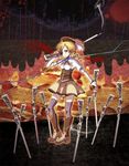  blonde_hair boots drill_hair field_of_blades gun hat magical_girl magical_musket mahou_shoujo_madoka_magica natsuki_tomosuke necktie planted_weapon rifle skirt smile smoke solo thighhighs tomoe_mami twin_drills twintails weapon yellow_eyes zettai_ryouiki 