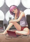  bare_legs barefoot blue_eyes boyshorts camisole computer copyright_request face feet hands headphones laptop leaning_forward lips no_pants pink_hair sitting smile solo speaker tantaka 