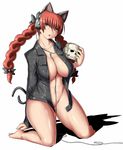  animal_ears bad_id bad_pixiv_id barefoot bottomless bow braid breasts cat_ears cat_tail cleavage futaba_suetsuki groin hair_bow hands_on_feet headphones jacket kaenbyou_rin kneeling large_breasts legs long_hair multiple_tails naked_shirt no_bra open_clothes open_jacket open_shirt red_eyes red_hair shirt skull solo tail thick_thighs thighs touhou twin_braids 