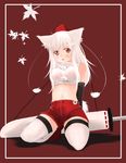  alternate_hair_length alternate_hairstyle animal_ears breasts crop_top hat highres impossible_clothes impossible_shirt inubashiri_momiji long_hair medium_breasts meneru midriff navel red_eyes shirt shorts solo sword tail thighhighs tokin_hat touhou weapon white_hair white_legwear wolf_ears wolf_tail 
