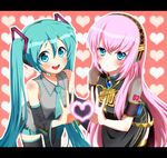  aqua_eyes aqua_hair blush detached_sleeves hatsune_miku heart heart_hands heart_hands_duo letterboxed long_hair megurine_luka multiple_girls necktie pink_hair skirt thighhighs twintails very_long_hair vocaloid yunca 