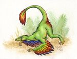  brown_eyes claws cute dinosaur feathers feral microraptor plain_background raised_tail raptor scalie silentravyn tail talons white_background 