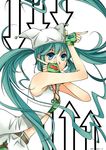  animal_hat aqua_eyes aqua_hair belt cat_hat directional_arrow fingerless_gloves gloves hat hatsune_miku highres jester_cap long_hair migi_hidari_(vocaloid) nail_polish omi_(0mim0) pointing solo twintails very_long_hair vocaloid 