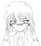  adjusting_eyewear face glasses greyscale haibara_ai lowres meitantei_conan monochrome necktie smile solo tohoho_(hoshinoyami) 