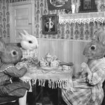  carrot cup drink edit female food grand_ole_bestiary greyscale human lagomorph male mammal monochrome photoshop rabbit real shopped sitting tea unknown_artist 