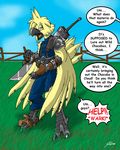  armor avian catmonkshiro chocobo cloud_strife dialogue final_fantasy final_fantasy_vii grass_field solo sword transformation video_games weapon 